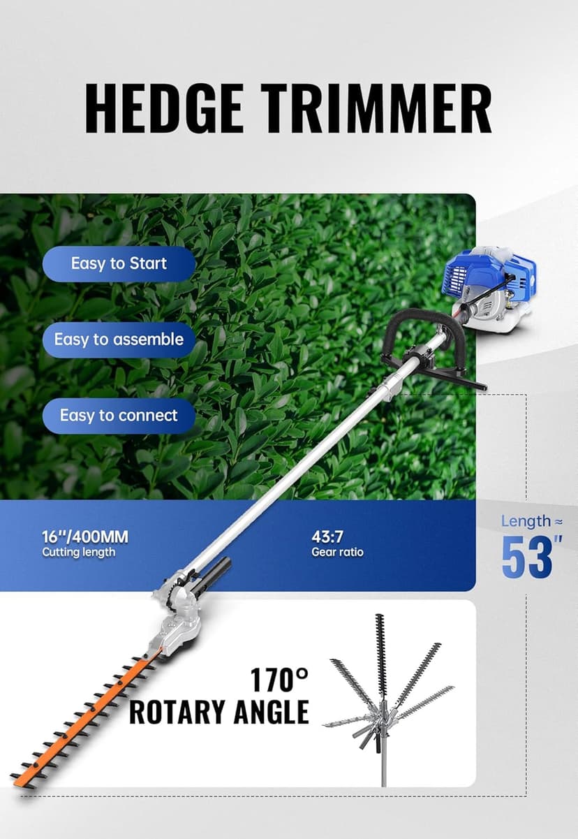 26cc Weed Wacker Gas Powered, String Trimmer/Edger, Pole Saw, Hedge Trimmer and Brush Cutter Blade, 4-in-1 Multi Yard Care Tools, Rubber Handle & Shoulder Strap Included