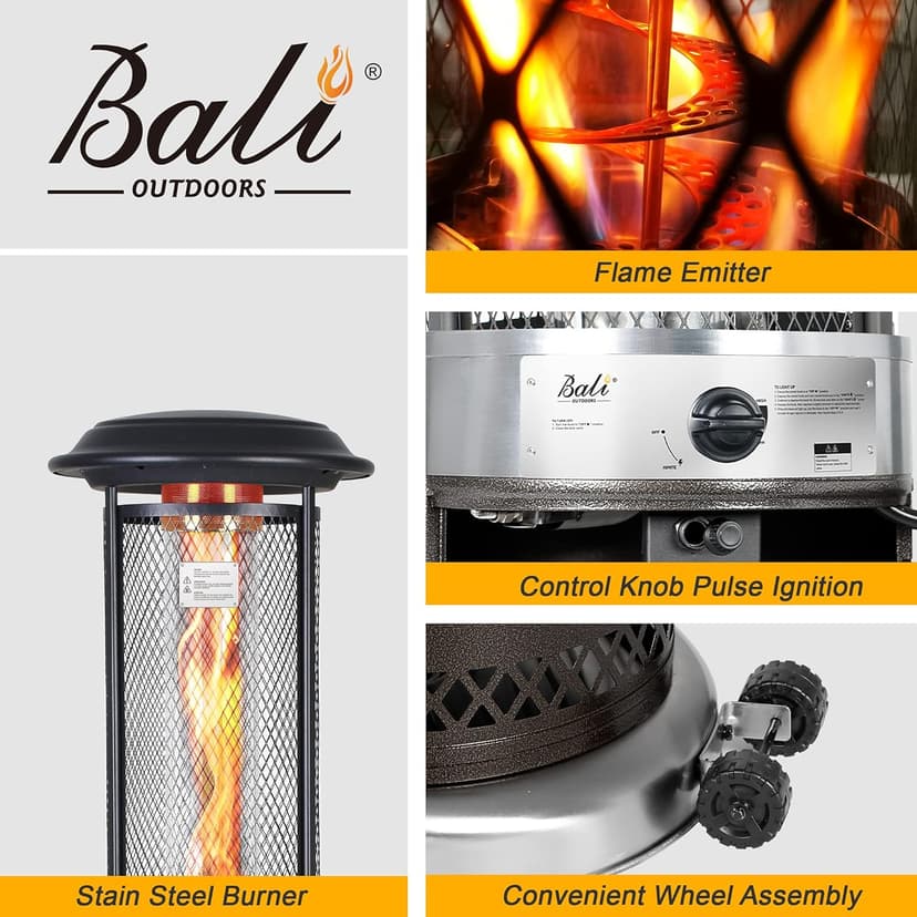 BALI OUTDOORS Propane Patio Heater, Stainless Steel Standing, 36,000 BTUs Portable Commercial Outdoor Gas Patio Heater with Glass Tube for Deck, Garden and Porch