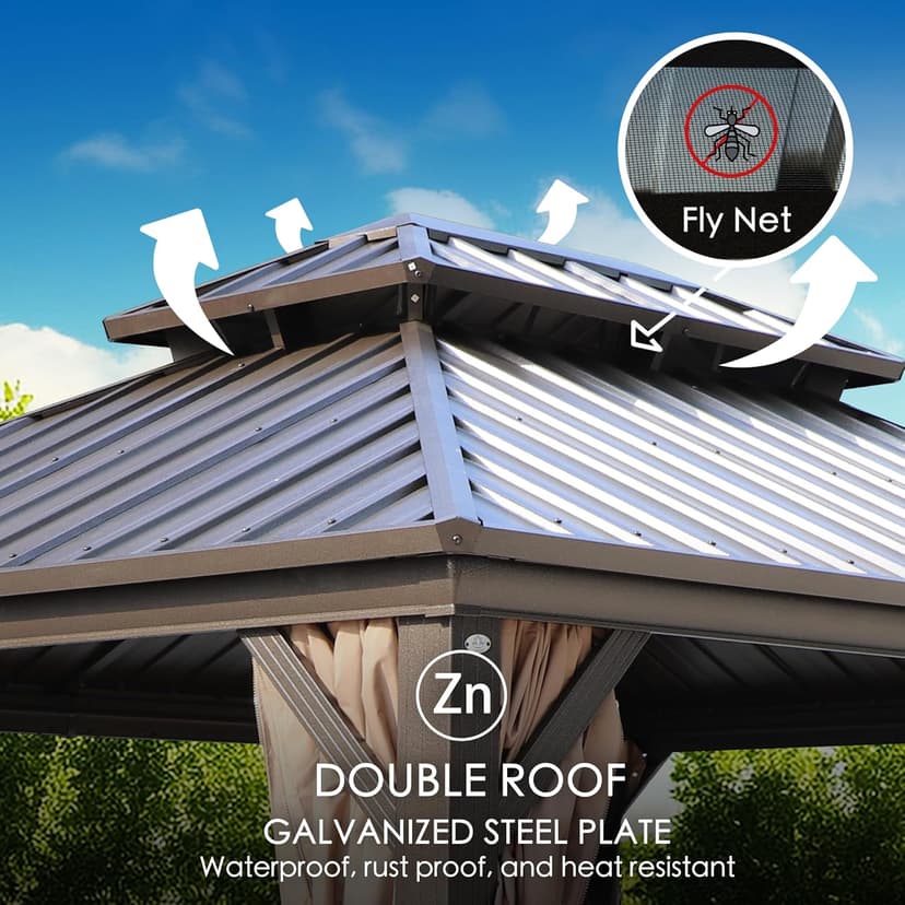 Kozyard Caesar 10'x12' Hardtop Gazebo - Permanent Metal Pavilion with Netting Shaded Curtains for Patio, Backyard, and Deck - Galvanized Steel Outdoor Aluminum Canopy, Double Roof Gazebo (Dark Brown)