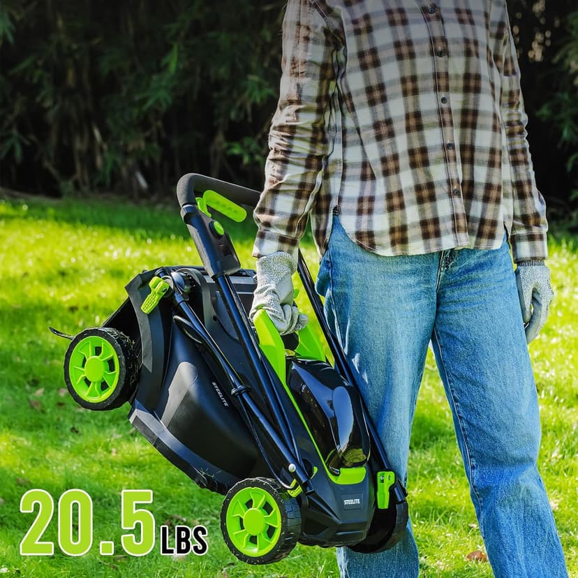Steelite 13.2” Electric Lawn Mower for Small Yards - 2-in-1 Compact, Lightweight Brushless Motor, 21V 4.0Ah Battery & Charger Included, Green