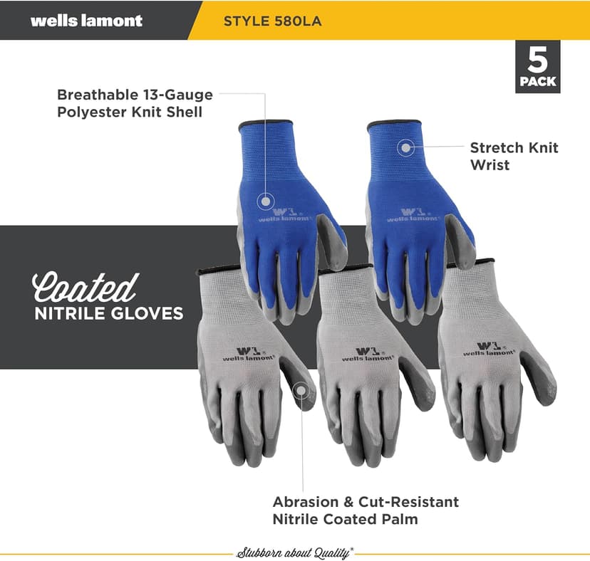 Wells Lamont Pack Nitrile Work Gloves | Lightweight, Abrasion Resistant, Blue/Grey | Large