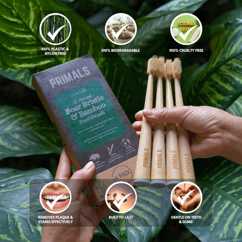 PRIMALS Boar Bristle & Bamboo Toothbrush (4-Pack) - Premium Boar Bristles - Fully Biodegradable - Plastic & Nylon Free - Quick Dry Design