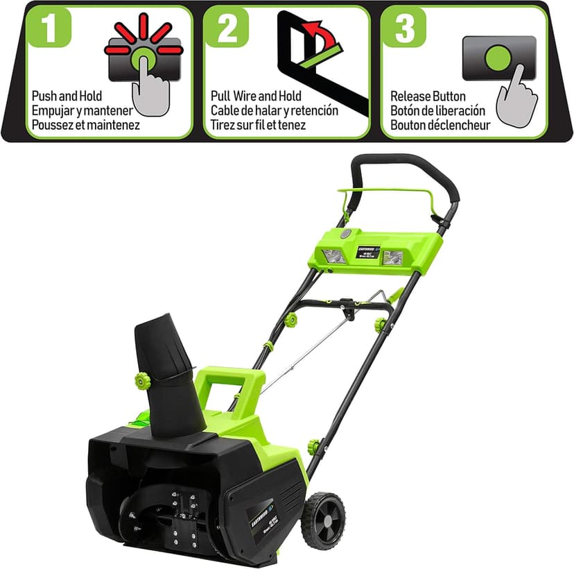 Earthwise SN74018 Cordless Electric 40-Volt 4Ah Brushless Motor, 18-Inch Snow Thrower, 500lbs/Minute, With LED spotlight (Battery and Charger Included), Black/Green