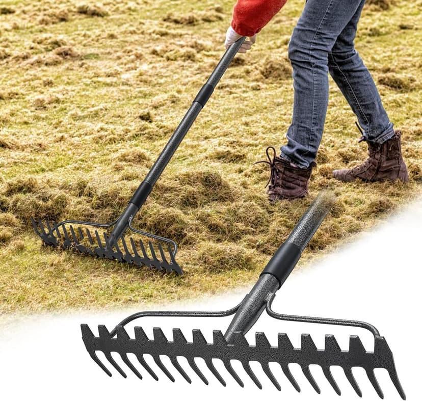 Rake, 49 Inch Garden Bow Rake with 17 Tines, Heavy Duty Raking Tool for Gardening Landscaping Loosening Soil Leveling Mulching Gravel Gathering Leaf Thatch Lawn Care