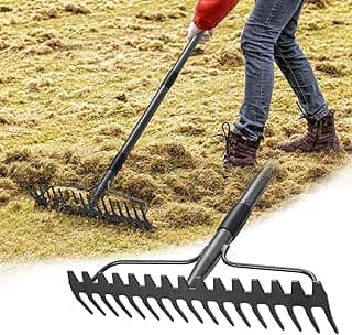 Rake, 49 Inch Garden Bow Rake with 17 Tines, Heavy Duty Raking Tool for Gardening Landscaping Loosening Soil Leveling Mulching Gravel Gathering Leaf Thatch Lawn Care