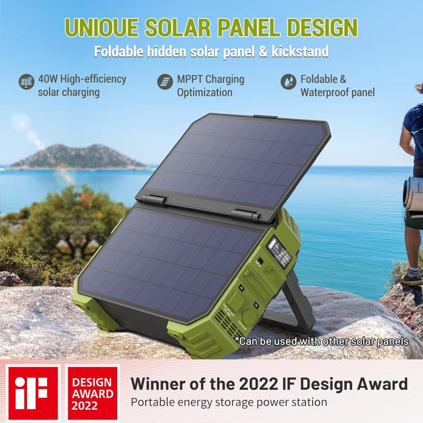 BROWEY Portable Power Station 1000W with Built-in Solar Panel, 614WH/192000mAh LiFePO4 Battery Pack, Solar Generator with AC/DC/USB/PD Outputs for Outdoor Camping, RV Travel, Emergency Preparedness