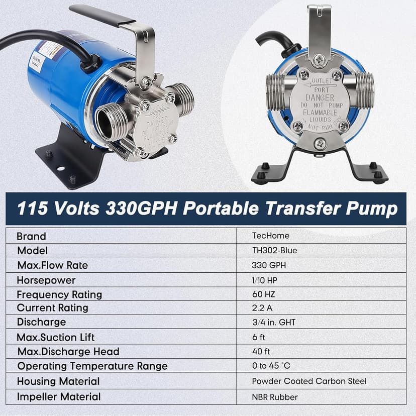 Garden Pump With Hose, 115V 1/10HP 330GPH Mini Electric Water Transfer Pump Waterbed Drain Pump, With Suction Hose Kit.