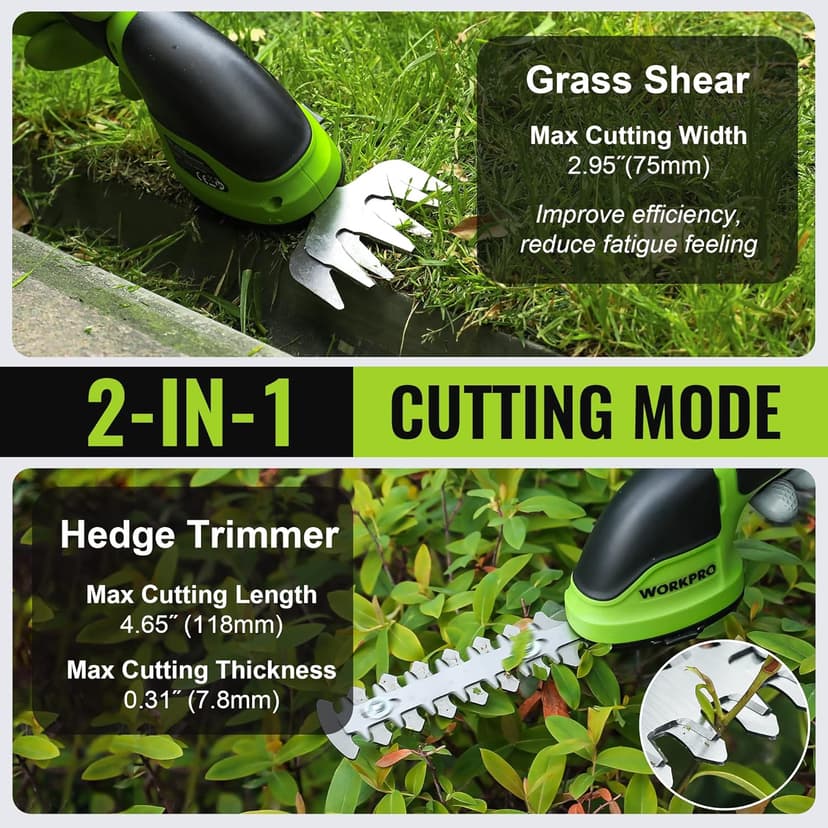 WORKPRO Cordless Grass Shear & Shrubbery Trimmer - 2 in 1 Handheld Hedge Trimmer Electric Grass Trimmer Hedge Shears/Grass Cutter Rechargeable Lithium-Ion Battery and Type-C Cable Included (Green)
