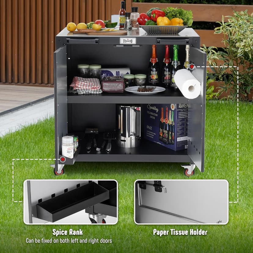 Grill Table, Outdoor Bar Cart Grill Cart with Storage Cabinet,Modular Outdoor Kitchen Island, Outdoor Grill Station with 304 Stainless Steel Top,Pizza Oven Table for Lawn & Garden,L35.4” x W24”