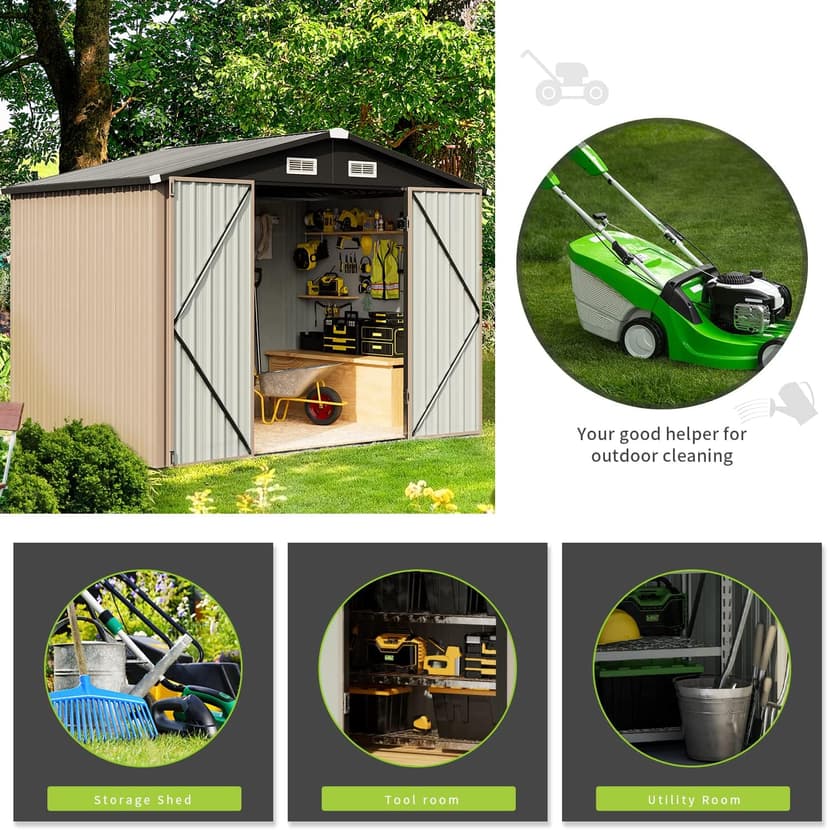 Aoxun 8’ x 6’ Outdoor Metal Storage Shed, Steel Utility Tool Shed Storage with Lockable Doors, Metal Sheds Outdoor Storage for Backyard, Garden, Lawn and Patio, Brown