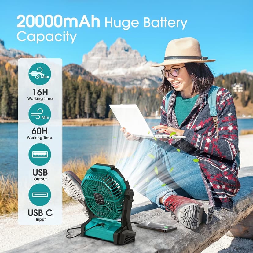 ONLYNEW Portable Fan Rechargeable, 20000mAh Cordless Battery Powered Fan with LED Lantern, USB C Battery Operated for Travel Bedroom Home Camping Tent Office Beach Desk Fishing Table