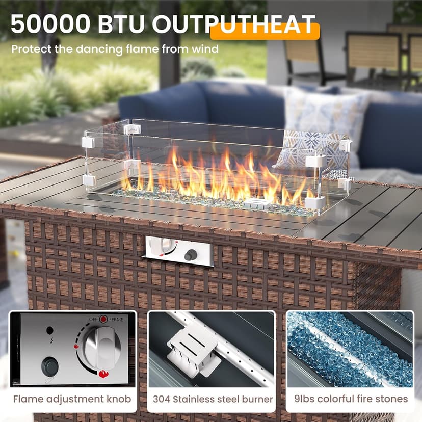 UDPATIO Patio Furniture Set With 44'' Fire Pit Table,Modular Outdoor Furniture Sets,Slanted Back Outdoor Sectional Conversation Set PE Rattan Sofa for Backyard W/Coffee Table,4'' Cushions,8 PCS,Orange