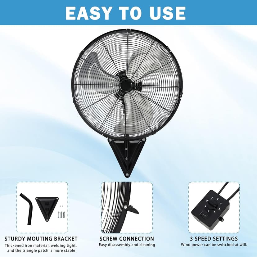 Wall Mount Fan Oscillating,Industrial Heavy Duty Metal 3 Speed Fan,20 Inch High Velocity Adjustable Tilt,Use for Garage, Shop,Warehouse, Patio, Factory and Homes.