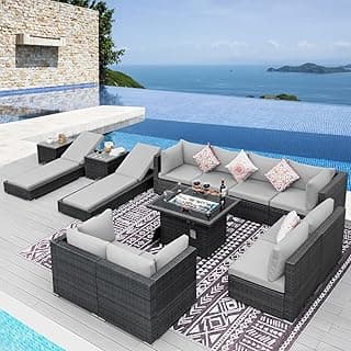 NICESOUL 13 Piece Outdoor Seating with Fire Pit Table, High-End Wicker Patio Furniture Set with Chaise Lounge, Comfy 29.3'' High Back Deep Sectional Sofa, All-Weather Backyard Sitting Area, Light Grey