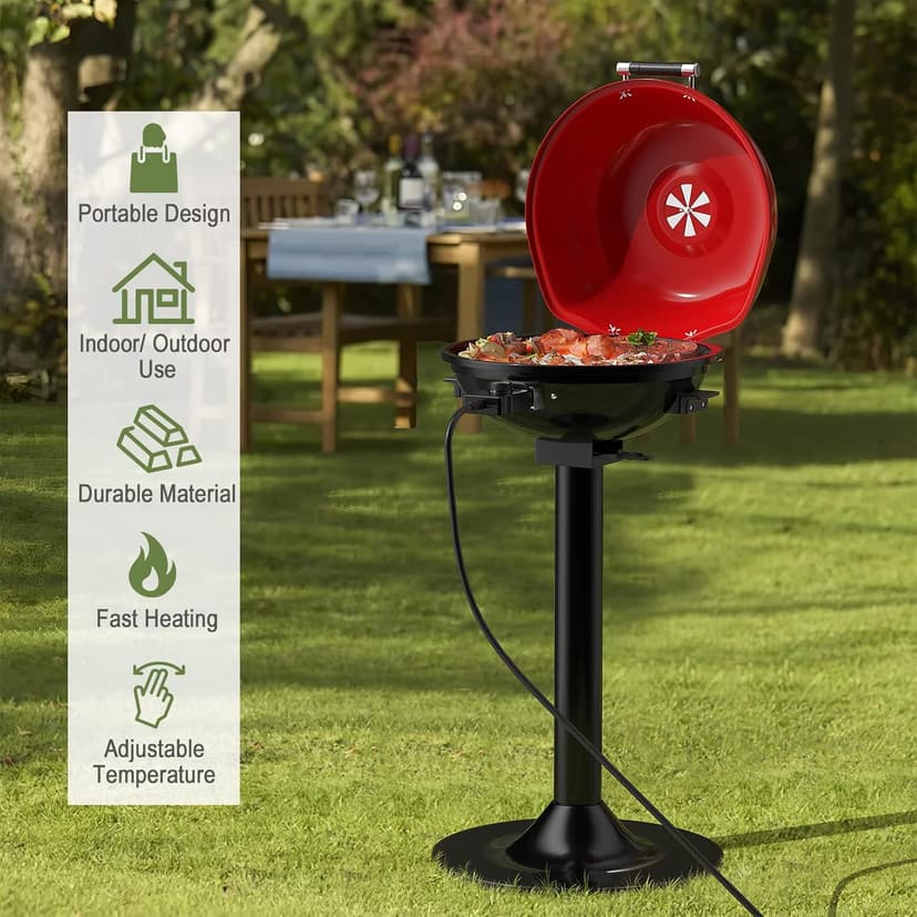 Giantex Electric Grill Indoor Outdoor, 1600W Portable Barbecue Grill with Removable Non-Stick Grilling Rack, Adjustable Temperature, Oil Drip Tray, for Picnic Camping Backyard Cooking (Red)