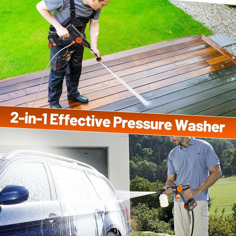 Lemolify 6000mAh Battery Pressure Washer, Electric Power Washer Cordless, Portable Car Pressure Washer Handheld with 6-in-1 Nozzle,17FT Drain Hose, Power Cleaner for Patio Floor Fence Deck,2 Battery