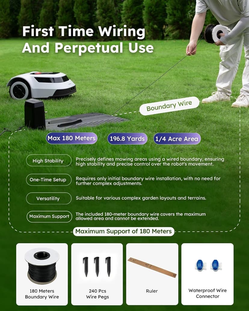 Robot Lawn Mower with Max 180m Stable Boundary Wire - Recommended 600㎡, Max 1000㎡, 300% Higher Efficiency of Grid-Shaped Mowing Path, Automatic Robotic Lawn Mowers with Auto Mapping & Recharge