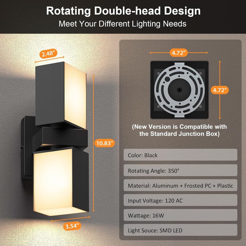 XMCOSY+ Outdoor Wall Lights, 1400LM Smart RGBCW Porch Lights Outdoor Exterior House LED Wall Lighting, WiFi APP Control, Compatible with Alexa, Adjustable Dual-Head IP65 Waterproof Wall Sconces (2PK)