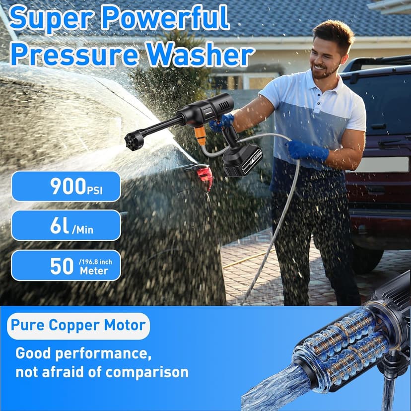 Cordless Power Washer, 900 PSI Cordless Pressure Washer, Portable Power Washer with 20000mAh Battery&Charger & 6-in-1 Nozzle, 17FT Drain Hose, Portable Pressure Washer for Car WashHomeYard