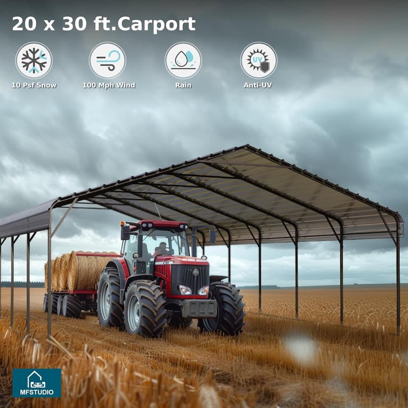 MFSTUDIO Carport 20x30 ft, Outdoor Heavy Duty Carports with Sidewalls, Metal Shed Canopy Shelters Garage Shelter Shade Car Ports with Galvanized Roof for 3 Cars, Truck and Boats