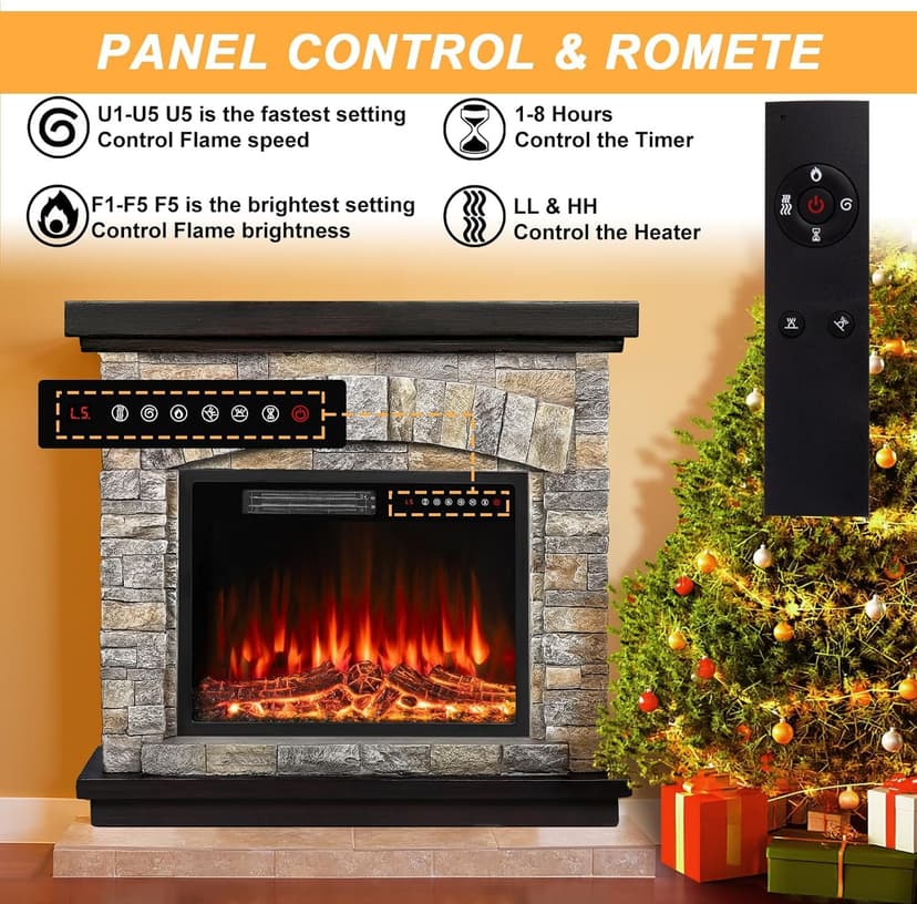 BOSSIN 36" Electric Fireplace with Mantel, 23 inch Electric Fireplace Insert, TV Stand Freestanding Heater with Remote Control Timer LED Flame for Living Room Bedroom,Faux Stone Gray