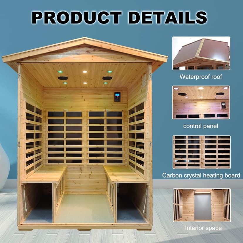 Outdoor Infrared Sauna 4 Person Far Infrared Saunas Low EMF Sauna Room for Home, 2050watt Canadian Hemlock Wooden Large Sauna with Blue-Tooth, 2 LCD Control, 4 Chromo Therapy Lighting