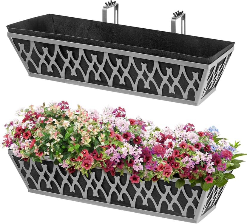 2 Pack 24 Inch Window Boxes Planters Railing Planter Box with Adjustable Brackets & Non-Woven Fabric Plant Grow Bags Deck Railing Planter Boxes Balcony Hanging Flower Box for Outdoor Plants