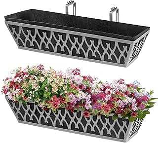 2 Pack 24 Inch Window Boxes Planters Railing Planter Box with Adjustable Brackets & Non-Woven Fabric Plant Grow Bags Deck Railing Planter Boxes Balcony Hanging Flower Box for Outdoor Plants
