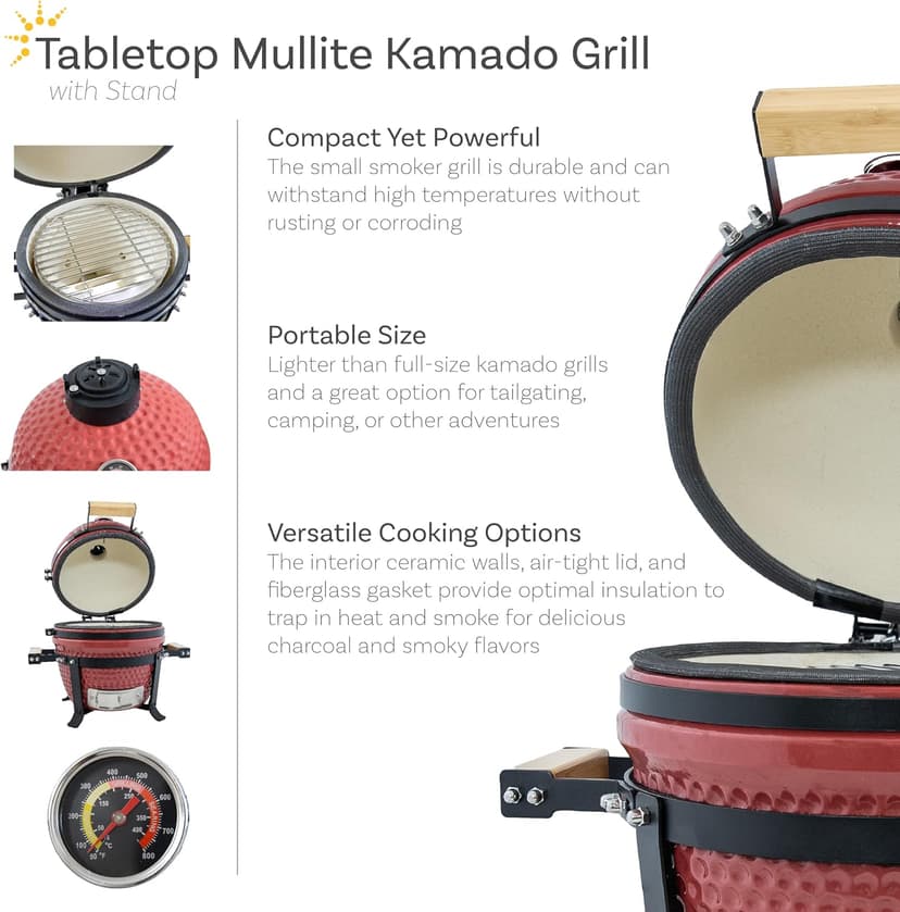 Sunnydaze 13” Kamado Portable Charcoal Grill with Smoker - Outdoor Ceramic Small BBQ Grill with Stand and Cooking Grate - Red