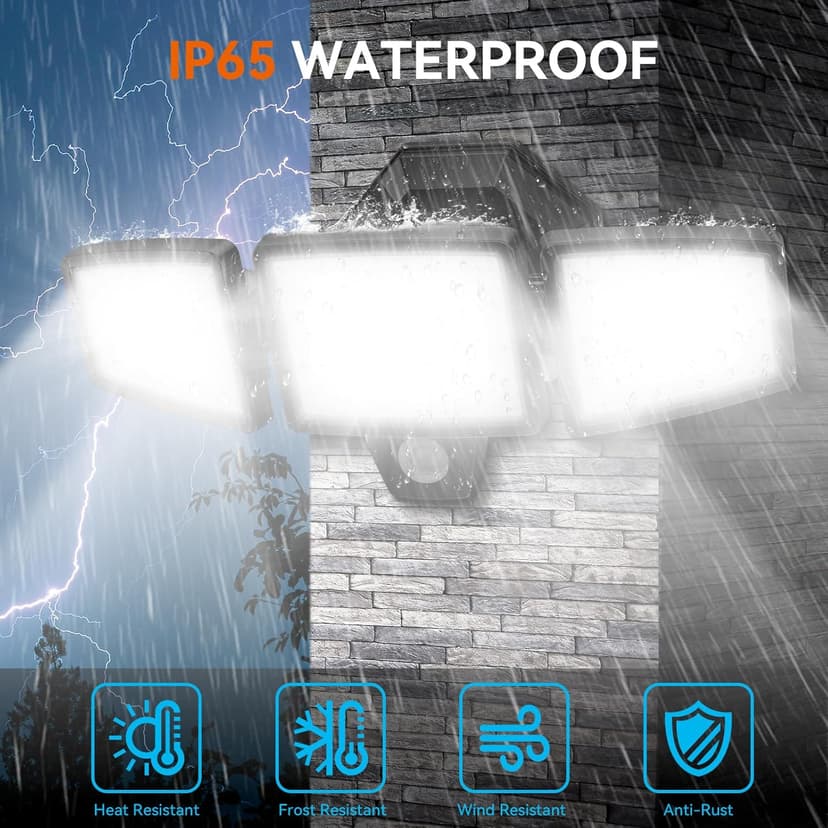 65W LED Security Lights Motion Flood Sensor Lights Outdoor, 6500LM, IP65 Waterproof, 6500K Flood Light Outdoor Motion Detector with Adjustable 3 Head Detected Flood for Entryway Garage, Yard, Porch
