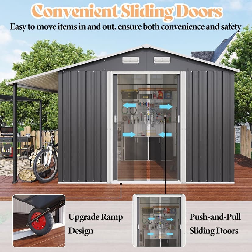 AMERLIFE 10.6x10.3x6.3 FT Outdoor Storage Shed with Sliding Doors Two 4-Pane Windows, Open Outdoor Shed for Wood Storage, Dark Grey/White