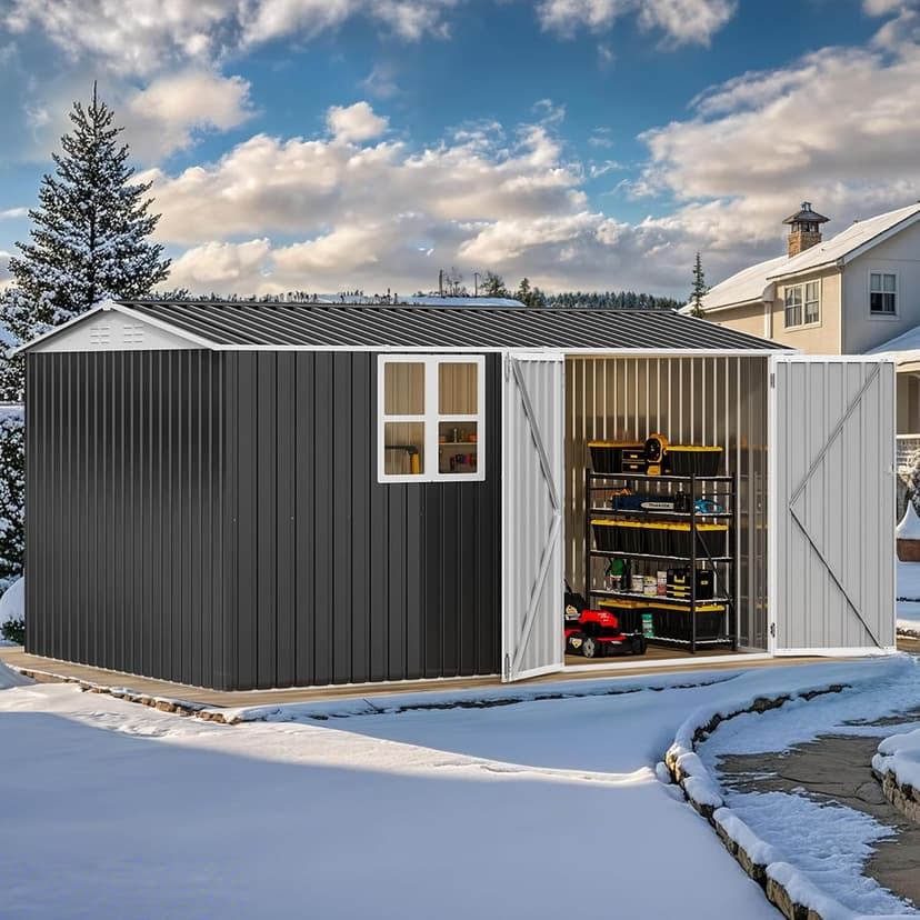DWVO 12' x 8' Outdoor Storage Shed, Waterproof Metal Garden Shed with Windows, Lockable Doors, and Sloped Roof for Patio, Backyard, Lawn, Tool Storage, Bike Shed, Pet Shelter (Gray + White)