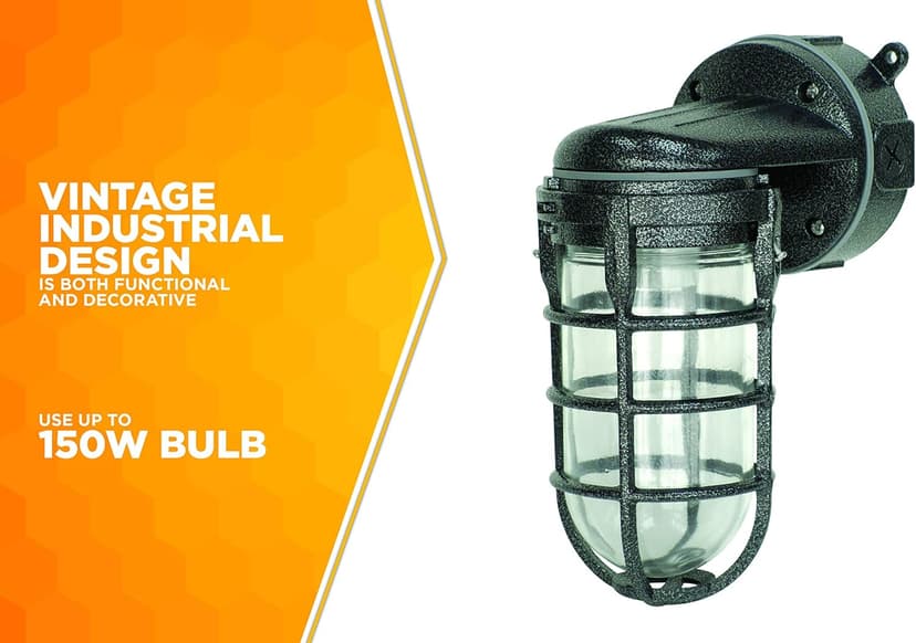 Woods L1707SVBLK Wall Mount Light in Hammered Black Finish Sturdy Die Cast Aluminum Cage; 100 Watt Incandescent; Industrial Design; Suitable for Indoor and Outdoor Use