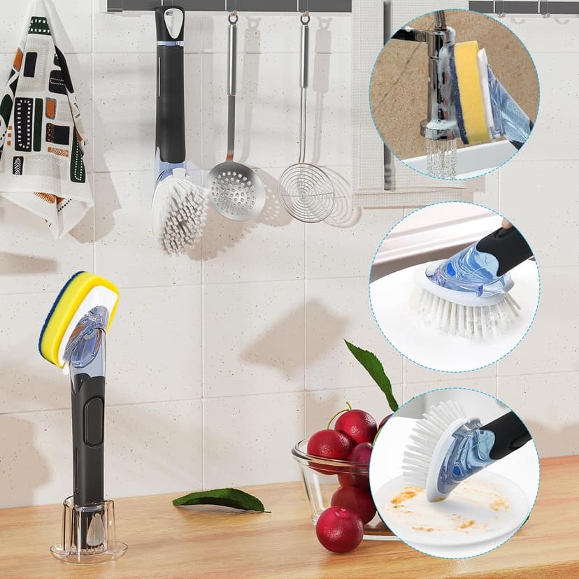 AJXX Dish Brush with Soap Dispenser Storage Set, Dish Soap Brush with 2 PCS Brush Heads & Holder, Soap Dispenser Brush with Handle, Dish Brush with Soap Dispenser, for Utensils, Pans, Sinks, Cookware