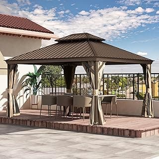Domi 10x12FT Outdoor Gazebo, Hardtop Gazebo with Galvanized Steel Double Roof, Metal Gazebos with Drainage System Patio Pergola for Patio Deck Backyard,Curtain and Netting,Brown