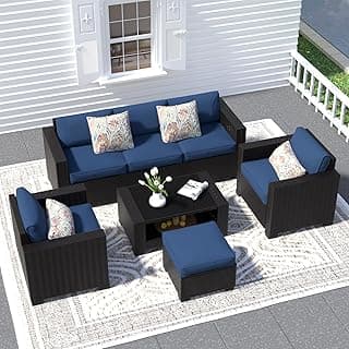 7 Piece Patio Furniture Set, Wicker Outdoor Sectional Sofa with Washable Cushion Covers and Tempered Glass Table, Rattan Conversation Set for Poolside, Lawn, Balcony (Navy Blue, Black Rattan)