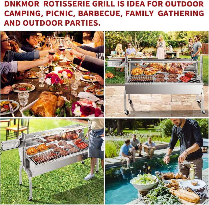Rotisserie Grill Stainless Steel Charcoal Spit Roaster, 62" Pig Lamb Hooded Roaster Charcoal Spit with 30W Motor & Adjustable Height Lockable Casters for Outdoor Party Barbecue, Rated 150 LB By DNKMOR