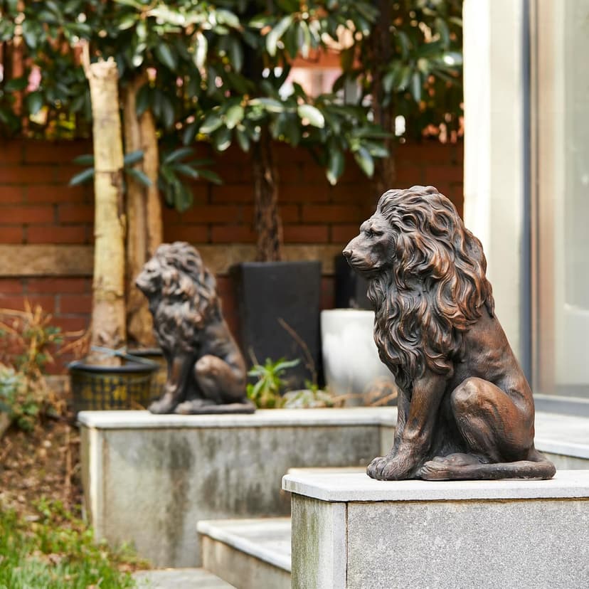 Glitzhome Guardian Sitting Lion Statue Regal Indoor and Outdoor Garden Sculpture for Home Entrance Porch and Yard, 20.5in Tall, Bronze