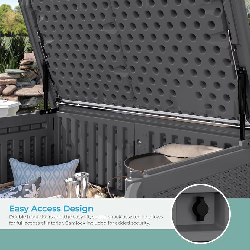 Suncast Backyard Oasis Vertical Deck Box, 195-Gallon Patio Storage Box for Furniture Cushions, Grill Tools, and Pool Accessories, Cool Gray, Made in the USA