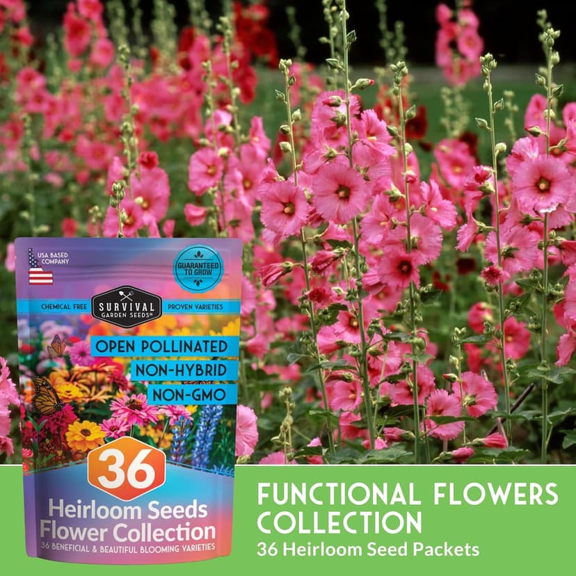Survival Garden Seeds Functional Flower Garden Kit | 36 Pack Seed Starter Collection | Bee, Butterfly, Hummingbird, Pollinator-Friendly Blooms | Non-GMO Heirloom Beneficial Flowers & Wildflowers