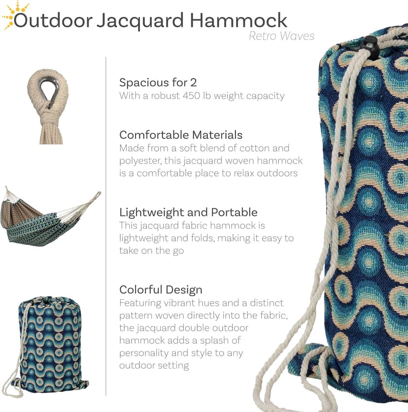 Sunnydaze Jacquard Double Hammock - Large 2-Person Hammock for Outdoors - Retro Waves