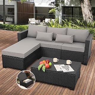 Rattaner Outdoor Furniture Set 3 Pieces Wicker Patio Furniture Outdoor Sectional Patio Couch Outdoor Coffee Table with Storage All-Weather Non-Slip Cushions Waterproof Covers, Light Grey