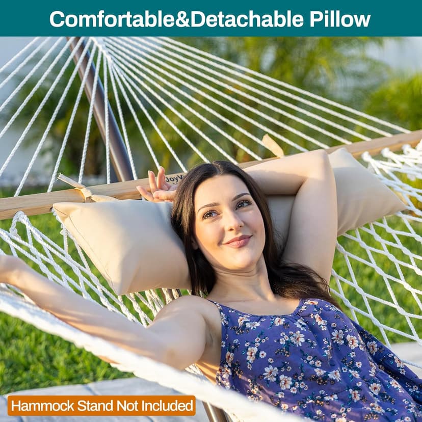 JoyView Traditional Rope Double Hammock - Hand Woven Cotton Hammock with Hardwood Spreader Bar and Pillow 450lb Capacity for Outdoor Indoor Patio Yard - Natural