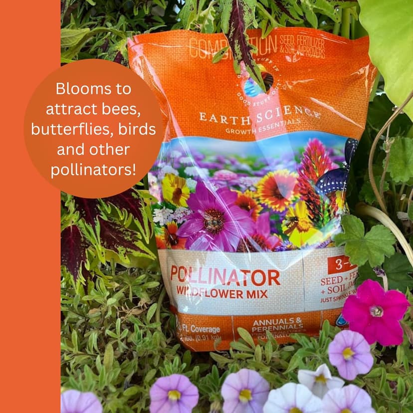 Wildflower Pollinator Mix from Earth Science, 3-in-1 Mix with Premium Wildflower Seed, Plant Food and Soil Conditioners, Non-GMO, for Bees, Hummingbirds, Butterflies, Pollinators 6 lb
