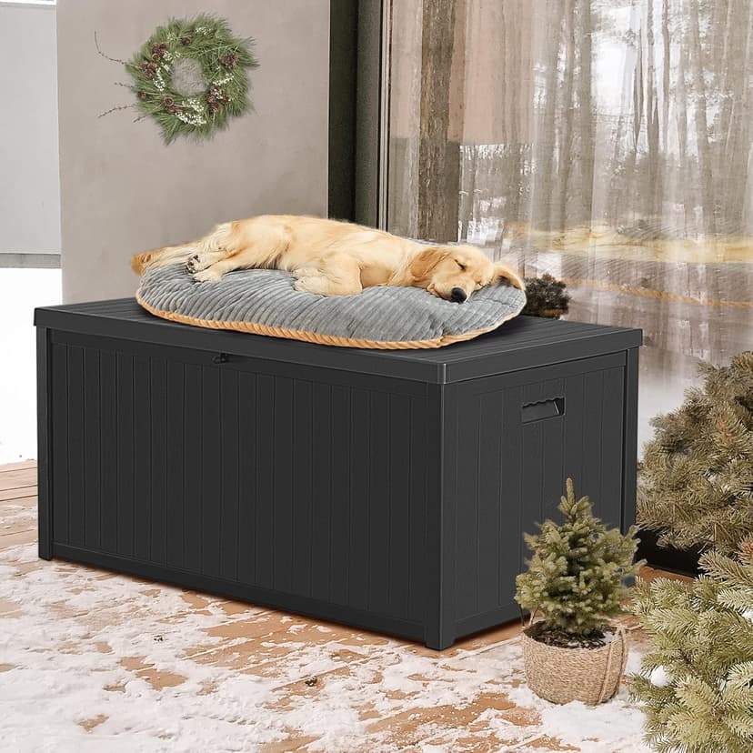 Resin Deck Box, 120 Gallon Large Outdoor Indoor Patio Storage Box Waterproof, Outside Storage Bin for Patio Furniture Covers, Cushion Pillows, Towels, Garden Tools, Black