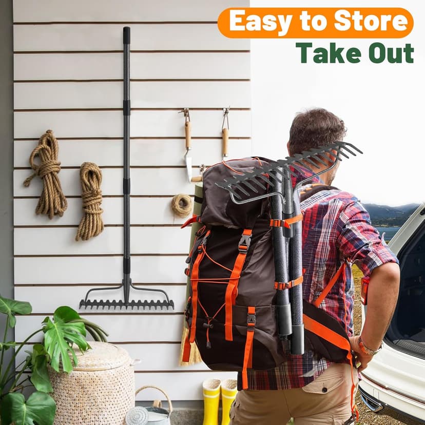Garden Rake, 63 Inch Long Handle with 17 Tongs, Heavy Duty Metal Bow Rake for Loosening Leveling Soil, Garden Leaf Rake for Raking Leaves Grass , Weeding, Metal Yard Thatch Lawn Care Garden Tool
