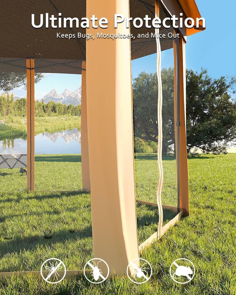 Pop Up Gazebo 13x13Ft, Outside Canopy Tent with 6 Pcs Mosquito Netting, One Push Setup for Backyard Patio Garden Activities - Khaki & Beige