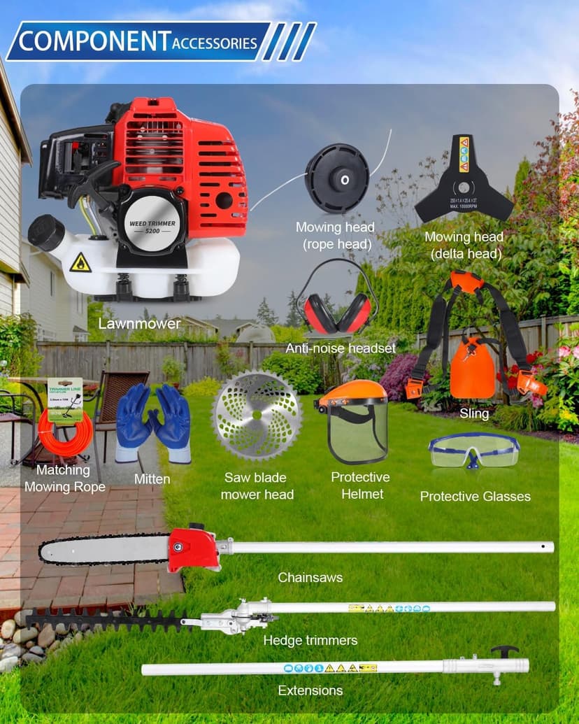 5-in-1 Weed Wacker Gas Powered – 52CC 2-Stroke String Trimmer/Edger, Pole Saw, Hedge Trimmer and Brush Cutter Blade with Extension Pole – Gas Powered Yard Tool for Landscaping (GC5080)