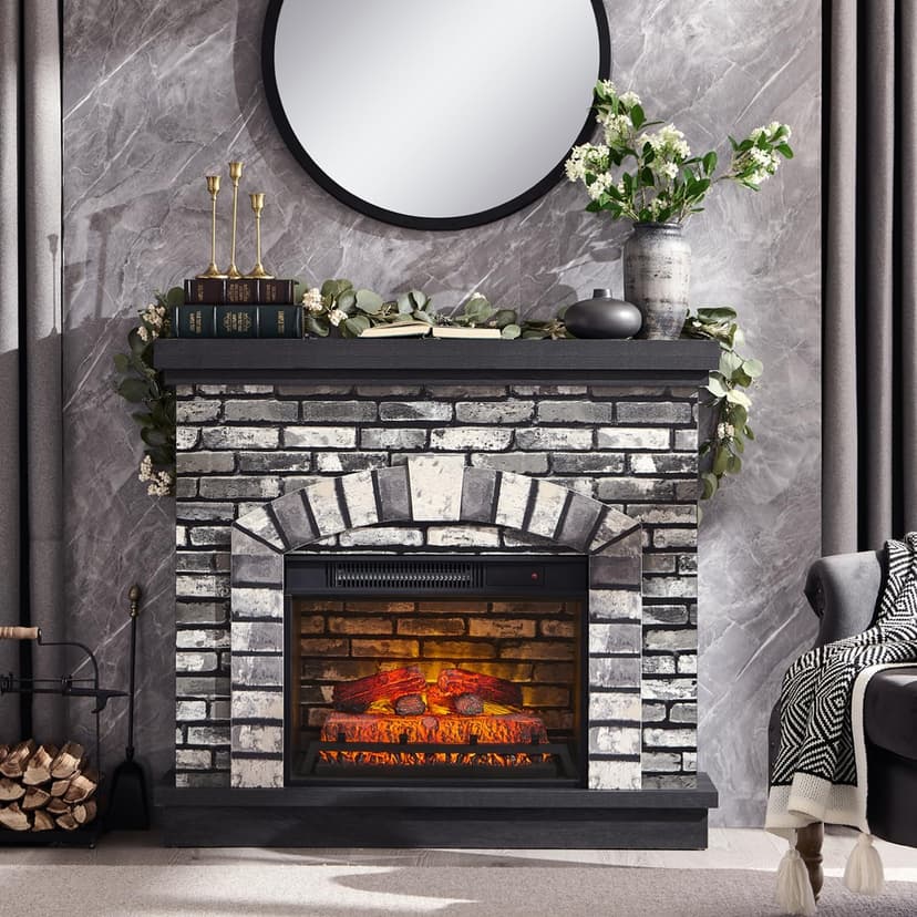 42" Electric Fireplace with Mantel, Farmhouse Fireplace TV Stand w/23'' Freestanding Electric Fireplace Heater, Remote Control, Adjustable 3D Realistic Flame Level for Living Room, Light Grey