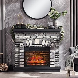 42" Electric Fireplace with Mantel, Farmhouse Fireplace TV Stand w/23'' Freestanding Electric Fireplace Heater, Remote Control, Adjustable 3D Realistic Flame Level for Living Room, Light Grey